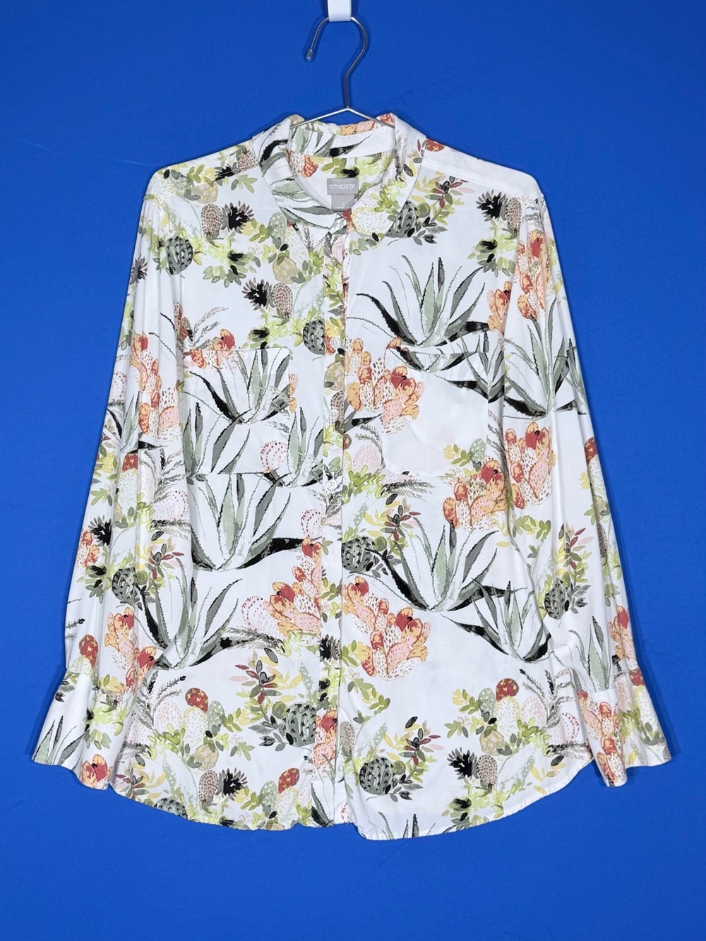 🌵 Chico’s Cactus Botanical Print Button Down Shirt Size 2 L
